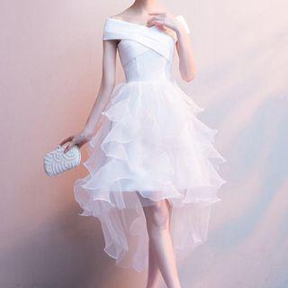 Ruffle Mesh Panel A-line Cocktail Dress