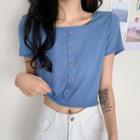 Short-sleeve Square Collar Button Knit Top