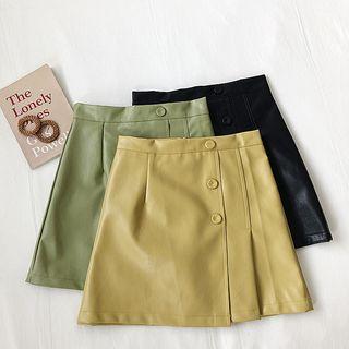 Button Accent Leather A-line Skirt