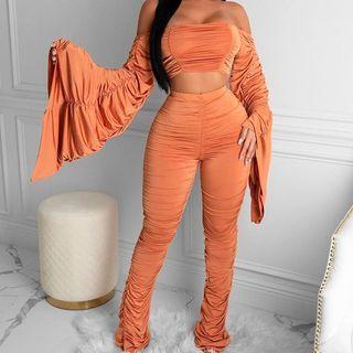 Set: Long-sleeve Off-shoulder Ruched Crop Top + Ruched Pants