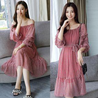 Gingham 3/4-sleeve A-line Midi Dress
