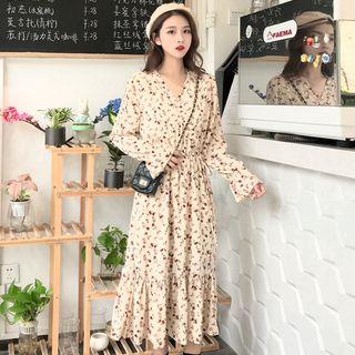 Floral Long-sleeve Midi A-line Dress Floral - One Size