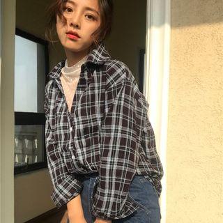 Mock Two Piece Dotted Mesh Panel Plaid Shirt