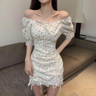 Lace Trim Floral Drawstring Mini Dress