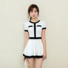 Short-sleeve Open-back Contrast Trim Swimdress