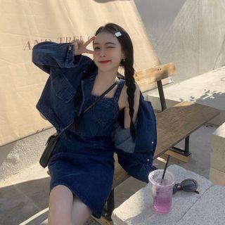 Wide Strap A-line Denim Dress / Denim Jacket