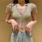Short-sleeve Striped Cropped Knit Top Muticolour - One Size