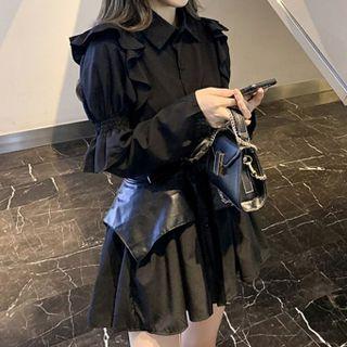 Long-sleeve Polo Collar Plain Ruffle Trim Lace Up Mini Dress