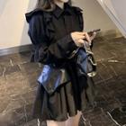 Long-sleeve Polo Collar Plain Ruffle Trim Lace Up Mini Dress