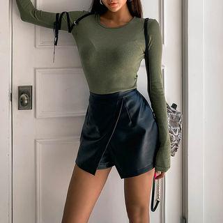 Band-waist Wrap-front Faux-leather Shorts
