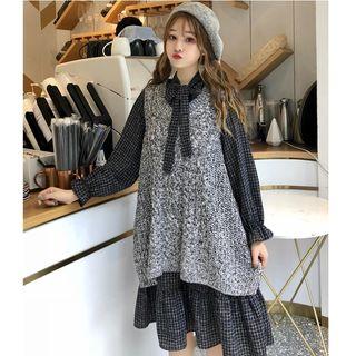 Tie-neck Plaid Shirt Dress/ Cable-knit Sweater Vest