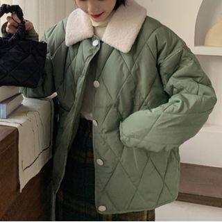 Faux Fur Trim Quilted Button Jacket