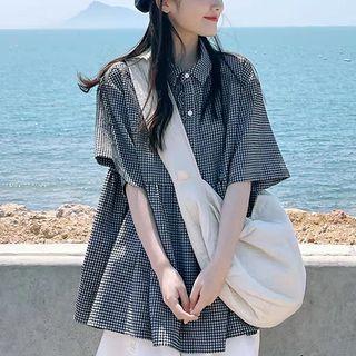 Short-sleeve Henley Plaid Shirt / Midi A-line Skirt