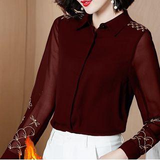 Long-sleeve Embroidered Mesh Panel Blouse