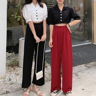 Buttoned Elbow-sleeve Blouse / High-waist Wide-leg Pants