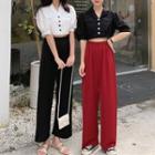 Buttoned Elbow-sleeve Blouse / High-waist Wide-leg Pants