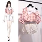 Mock Two-piece Short-sleeve Gingham Shirt / Ripped Denim Shorts / Set