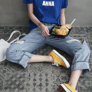 Turn-up Hem Distressed Wide-leg Jeans