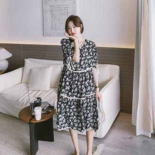 Elbow-sleeve Floral Smock Dress