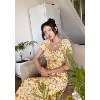 High-waist Floral Crepe Dress Yellow - One Size