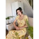 High-waist Floral Crepe Dress Yellow - One Size