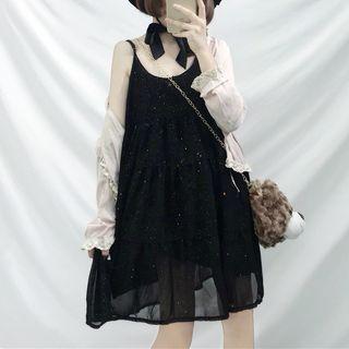 Spaghetti Strap Glitter Dress / Lace Trim Open Front Jacket