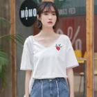 Lace Trim Short-sleeve Rose Embroidered T-shirt
