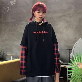 Plaid Panel Sleeve Lettering Hooded Sweatshirt