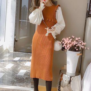 Balloon-sleeve Mock Two-piece Midi Knit Dress