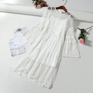 Set: Bell-sleeve Embroidered A-line Mesh Dress + Slipdress