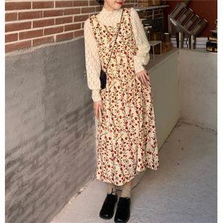 Mock-neck Lace Blouse / Floral Print Midi Overall Dress