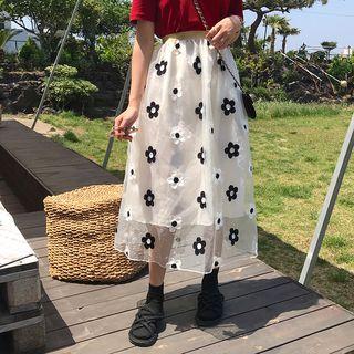 Floral Mesh Overlay A-line Midi Skirt As Shown In Figure - One Size