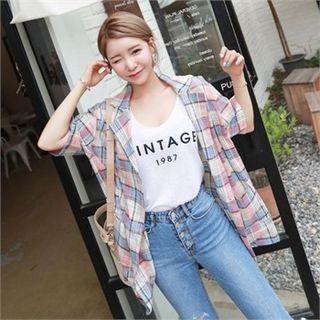 Short-sleeve Linen Blend Plaid Blazer