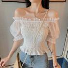 Elbow-sleeve Frill Trim Crinkled Mesh Top