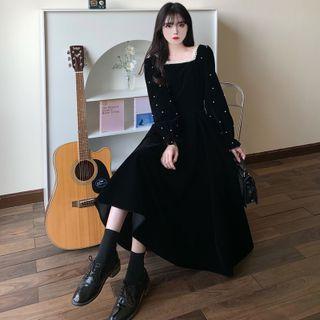 Long-sleeve Square-neck Beaded Velvet Midi A-line Dress