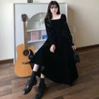 Long-sleeve Square-neck Beaded Velvet Midi A-line Dress