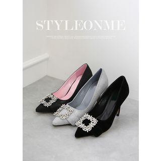 Rhinestone-buckle Glittered / Plain Stilettos