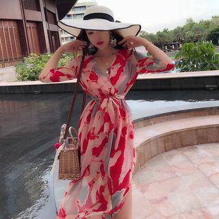 Print Elbow-sleeve Midi Chiffon Dress