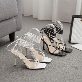 Square-toe Lace-up Stiletto Heel Sandals