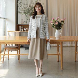 Contrast-trim Plaid Tweed Jacket
