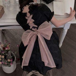 Short-sleeve Lace Up Bow Back Mini A-line Dress