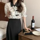 Short-sleeve Collared Blouse Black Love Heart - White - One Size