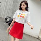 Set: Flower Print Short-sleeve T-shirt + A-line Skirt