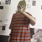 Striped Short-sleeve Round Neck T-shirt Stripe - Red - One Size