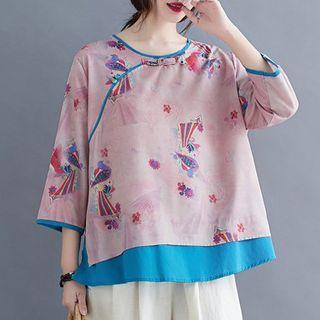 Printed 3/4-sleeve Top Printed - Pink - One Size