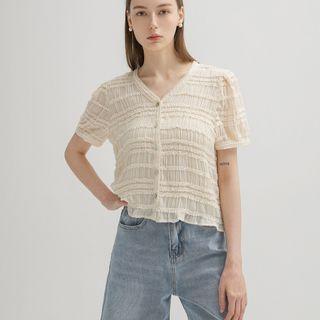 V-neck Frilled Tiered Lace Blouse