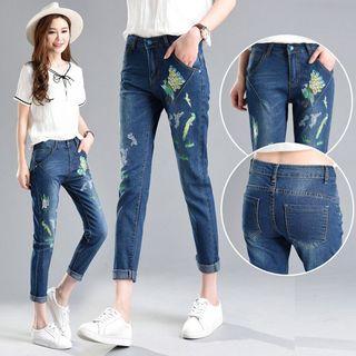 Cropped Embroidered Straight-cut Jeans