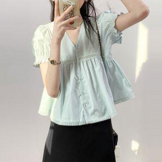 V-neck Plain Button-up Cropped Top Light Blue - One Size