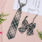 Set: Plaid Ribbon Bow Tie + Necktie Jk007 - Set Of 2 - Neck Tie & Bow Tie - Green - One Size