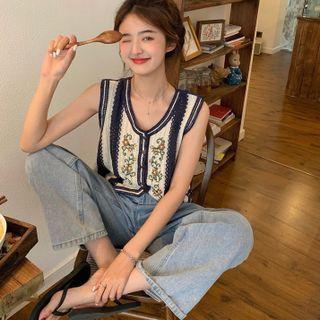 Flower Embroidered Knit Vest As Figure - One Size
